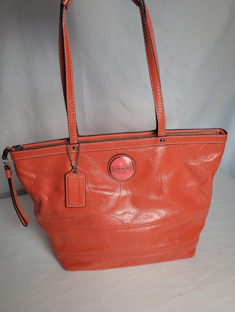 Coach Tangerine Patent Leather Stitched Signature C Shoulder Bag Purse